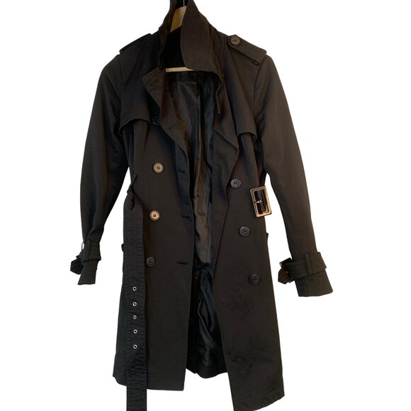 New York & Company Black Womens Trench Coat Belted Double Breast Medium RB10381 - Picture 2 of 15